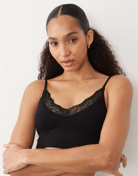Cotton On - Brassière longue sans couture bordée de dentelle - Noir - view 1