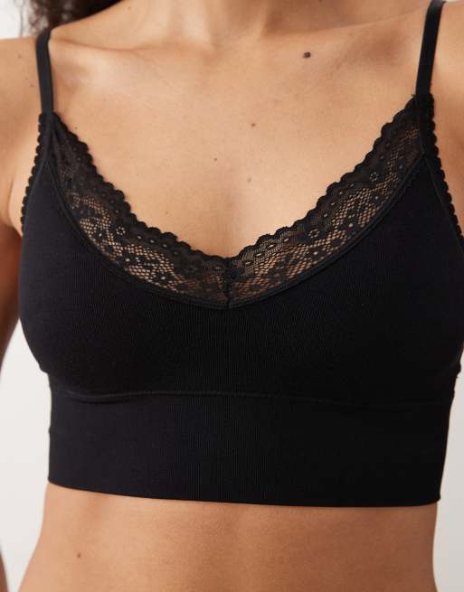 Cotton On - Brassière senza cuciture taglio lungo nera con finiture in pizzo, 2 di 4