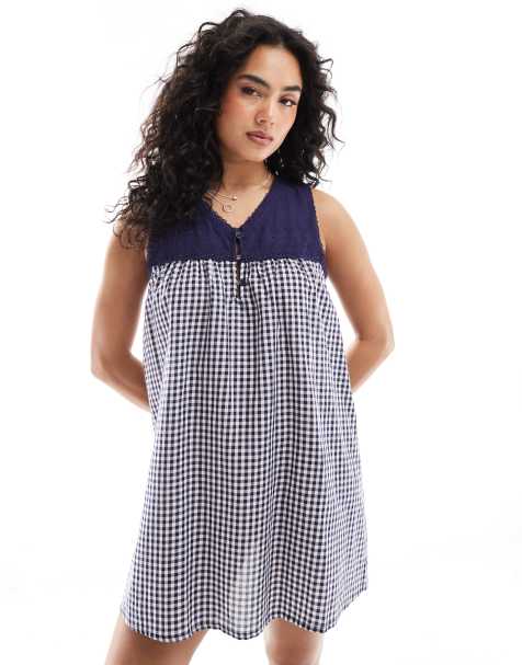 Cotton On broderie woven sleep nightie in gingham navy - view 1