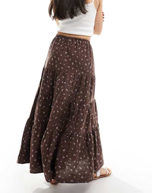 Cotton On - Brun og lagdelt boho-maxinederdel med småblomstret vintage print , 3 af 5