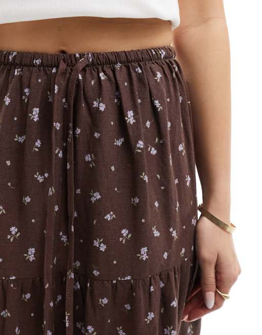 Cotton On - Brun og lagdelt boho-maxinederdel med småblomstret vintage print , 4 af 5