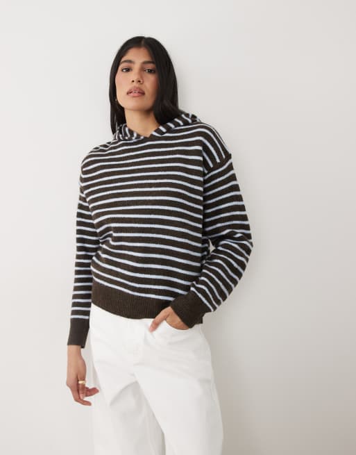 Cotton On – Brun, randig, stickad tröja med huva, 2 av 4