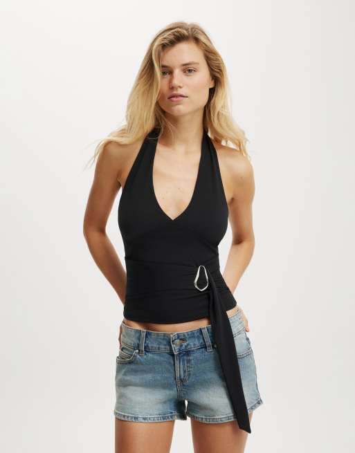 Cotton On Buckle belt tie halter top in black