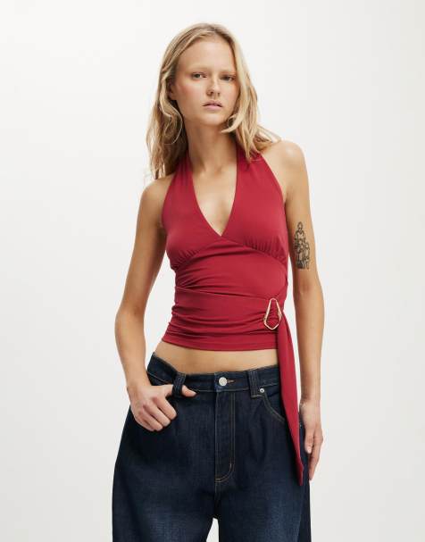 Cotton On Buckle belt tie halter top in burgundy - view 1
