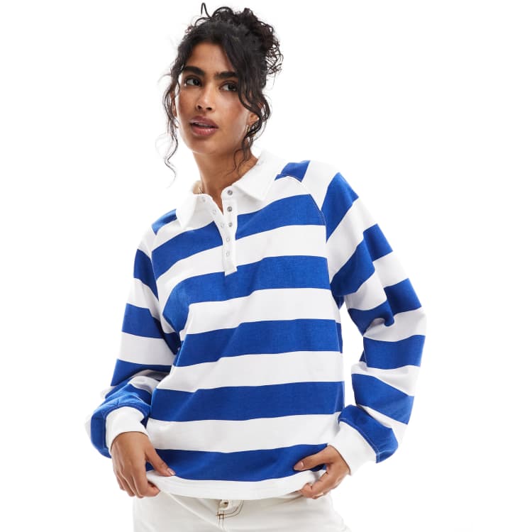 Cotton On button down lounge pullover sweatshirt in bright blue stripe ASOS