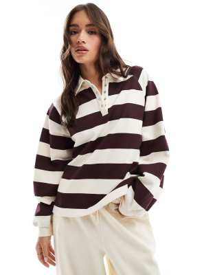 Cotton:On Cotton On button down lounge pullover sweatshirt in burgundy stripe-Multi