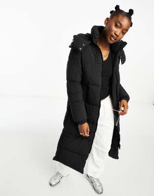 Cotton On - Button Up Mother - Longline-Pufferjacke in Schwarz mit Knöpfen und abnehmbarer Kapuze