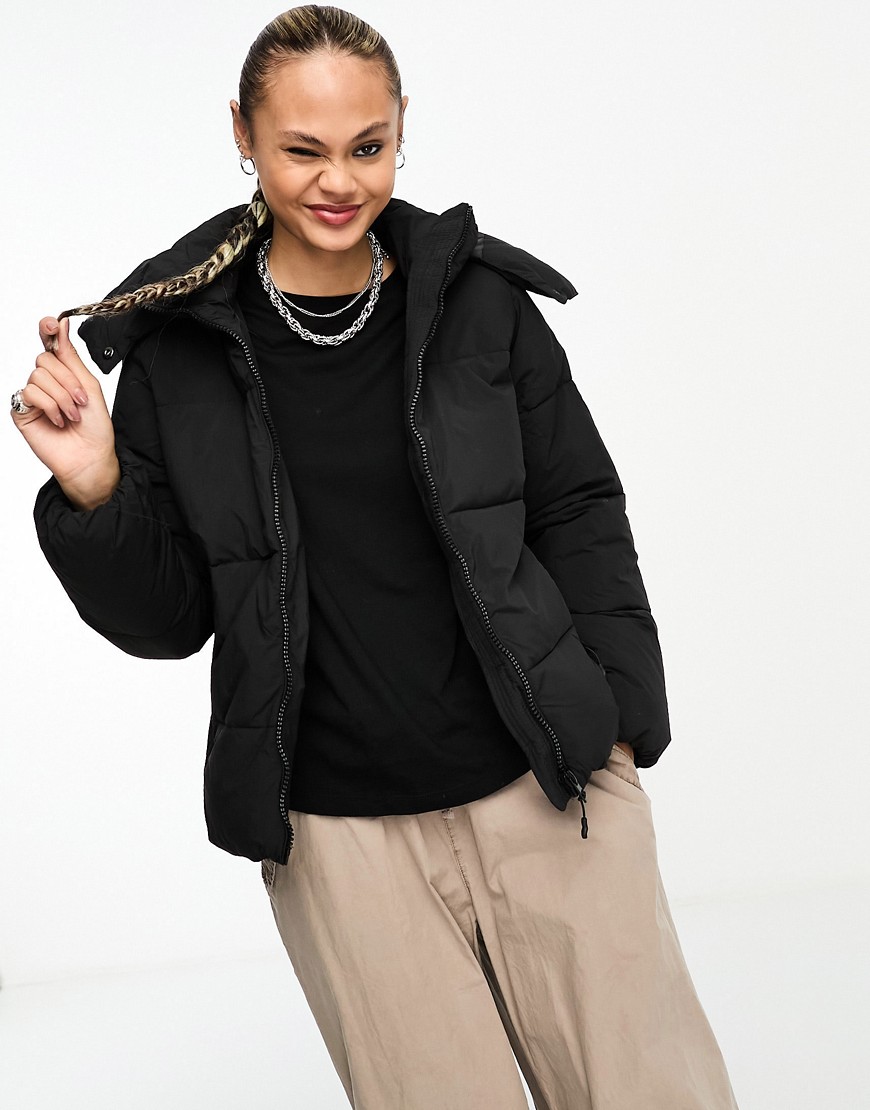 Cotton On button up mother puffer jacket with removable hood in black