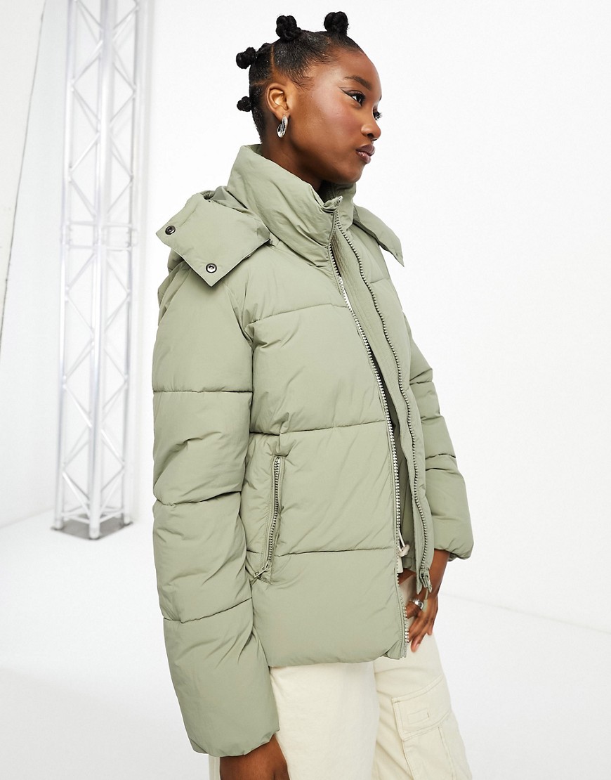 Cotton On button up mother puffer jacket with removable hood in dusty khaki-White