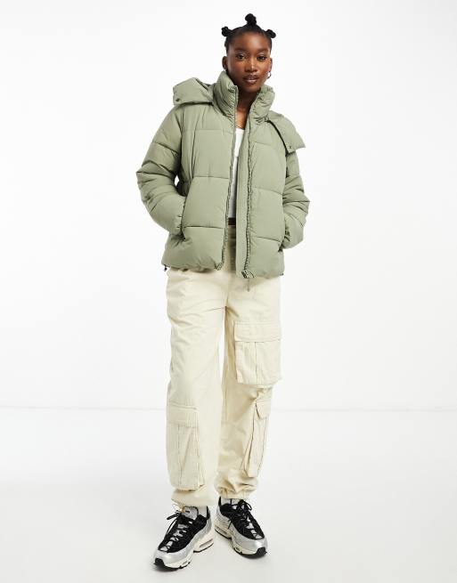 Cotton On button up mother puffer jacket with removable hood in dusty khaki