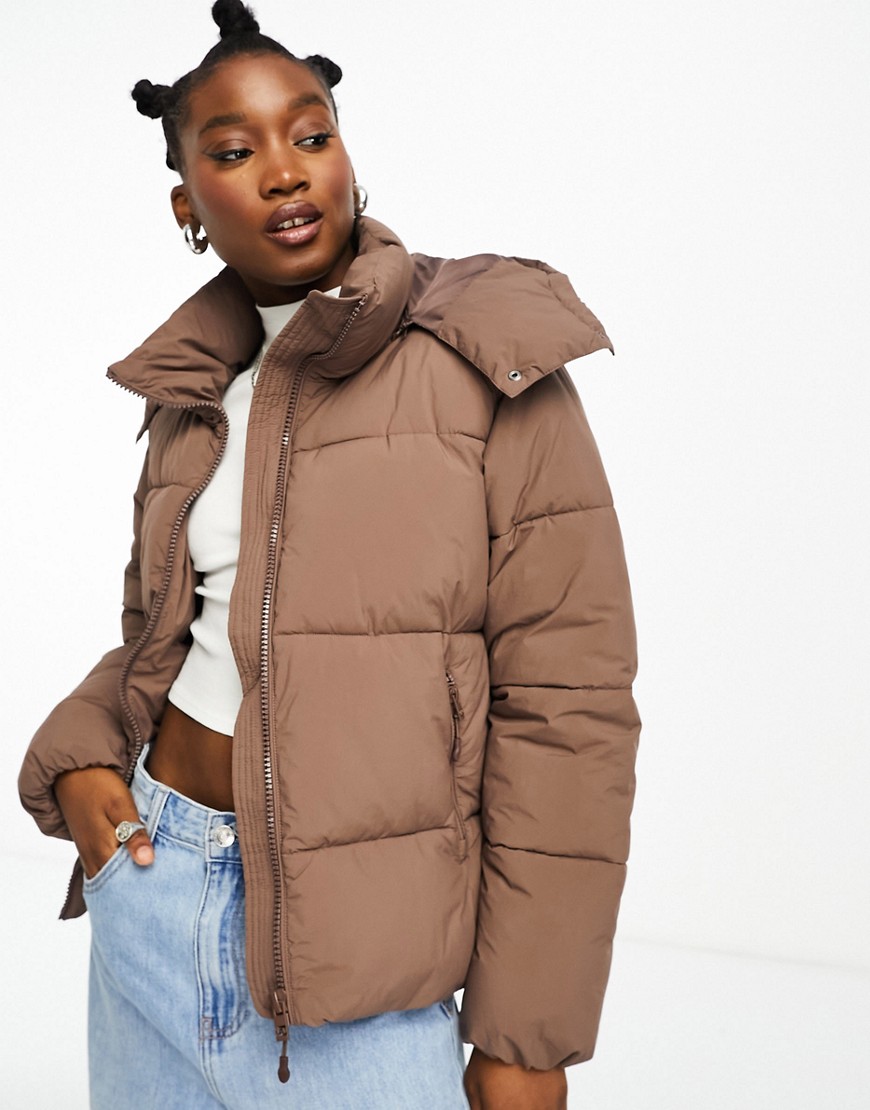 Cotton On button up mother puffer jacket with removable hood in taupe-Brown