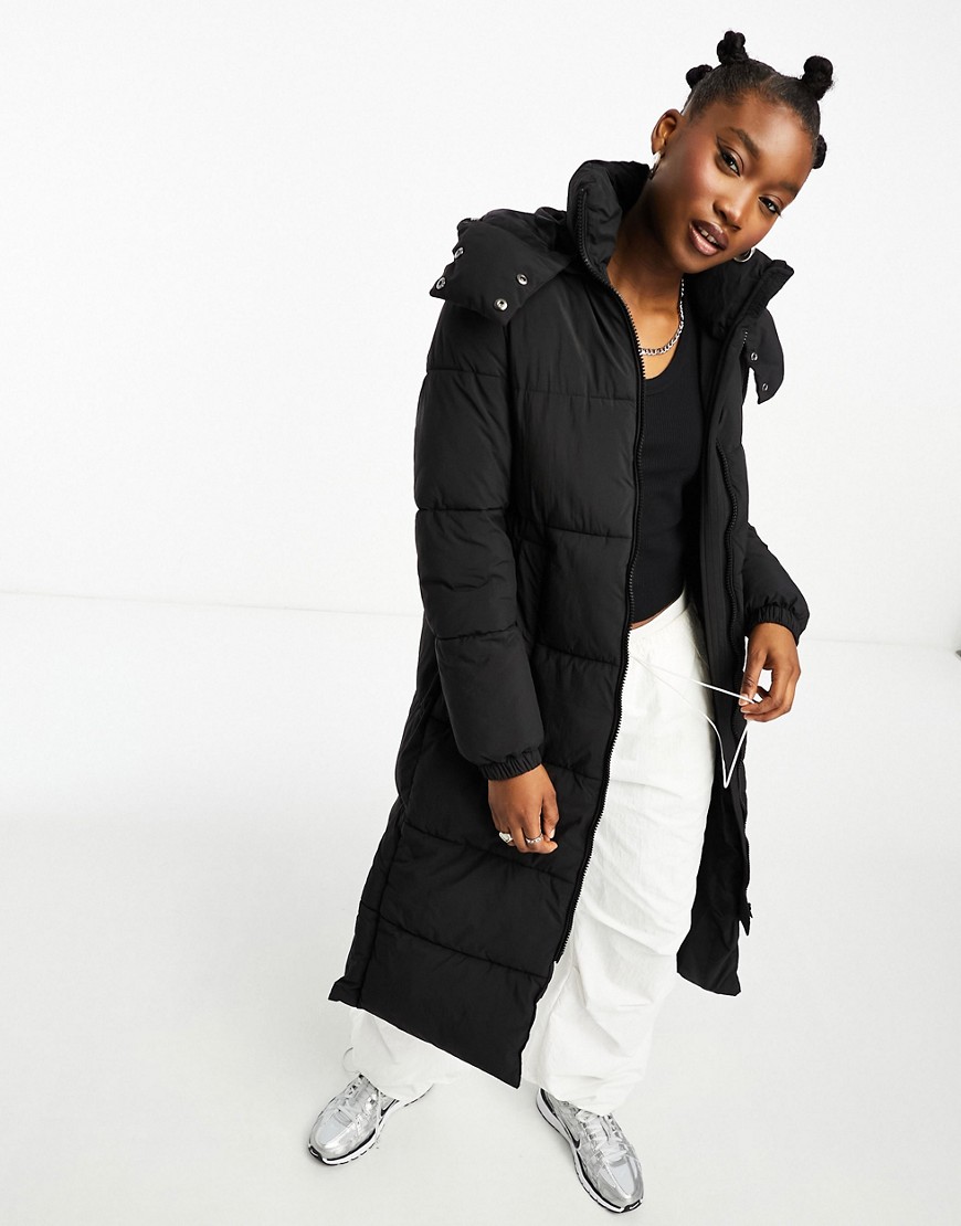Cotton On button up mother puffer longline jacket with removable hood in black