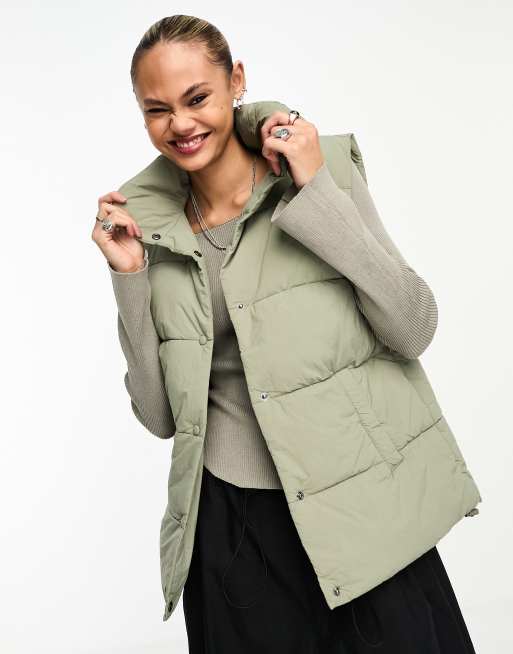 Cotton On button up Mother puffer vest jacket in khaki ASOS