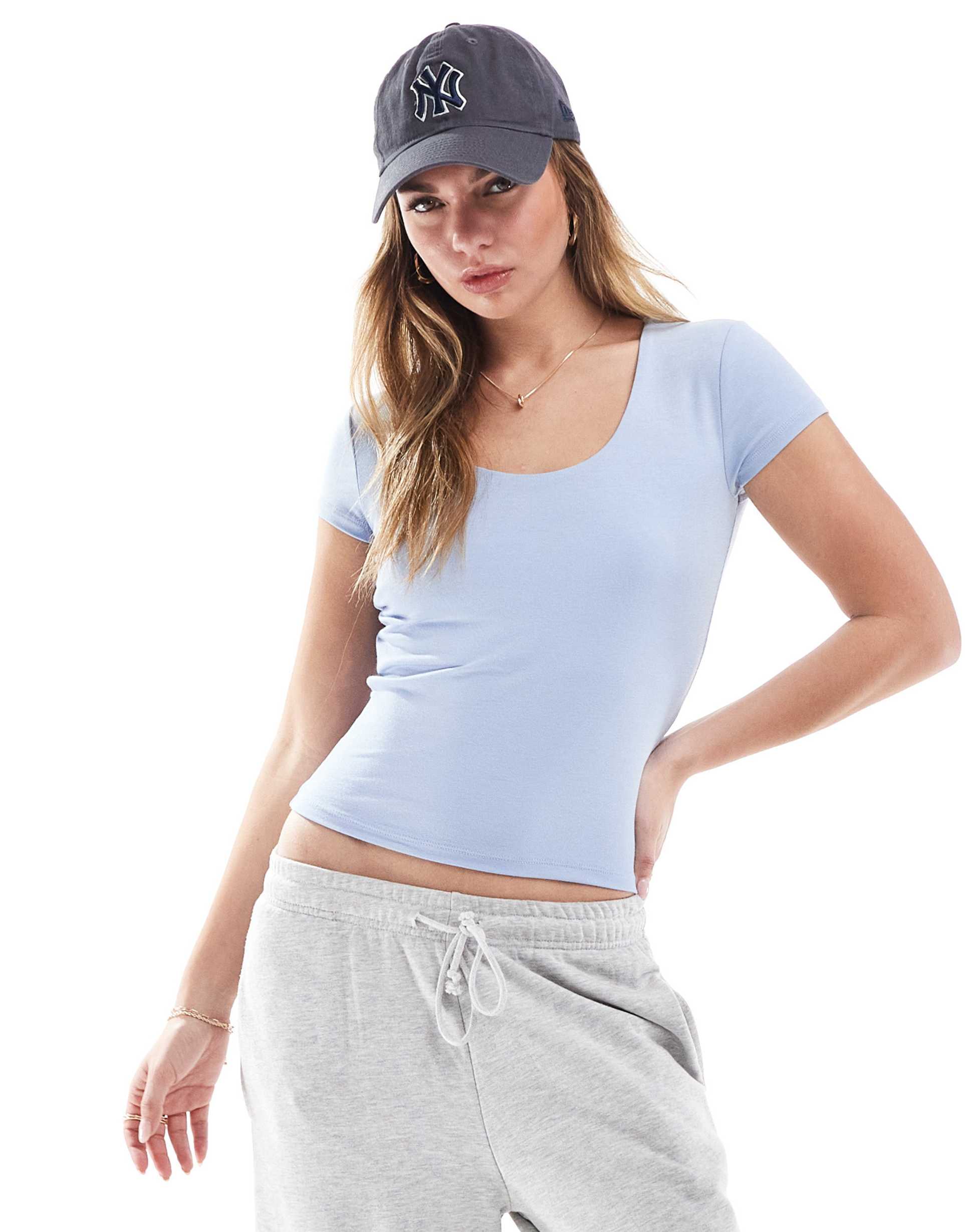 cotton on byron square neck short sleeve top in blue