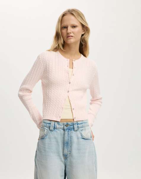 Cotton On cable crew neck cardigan in pale pink