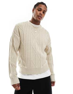 Cotton On cable knit crew jumper in stone marle-Neutral