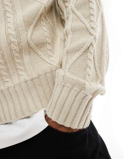 Cotton On cable knit crew jumper in stone marle, 3 of 4