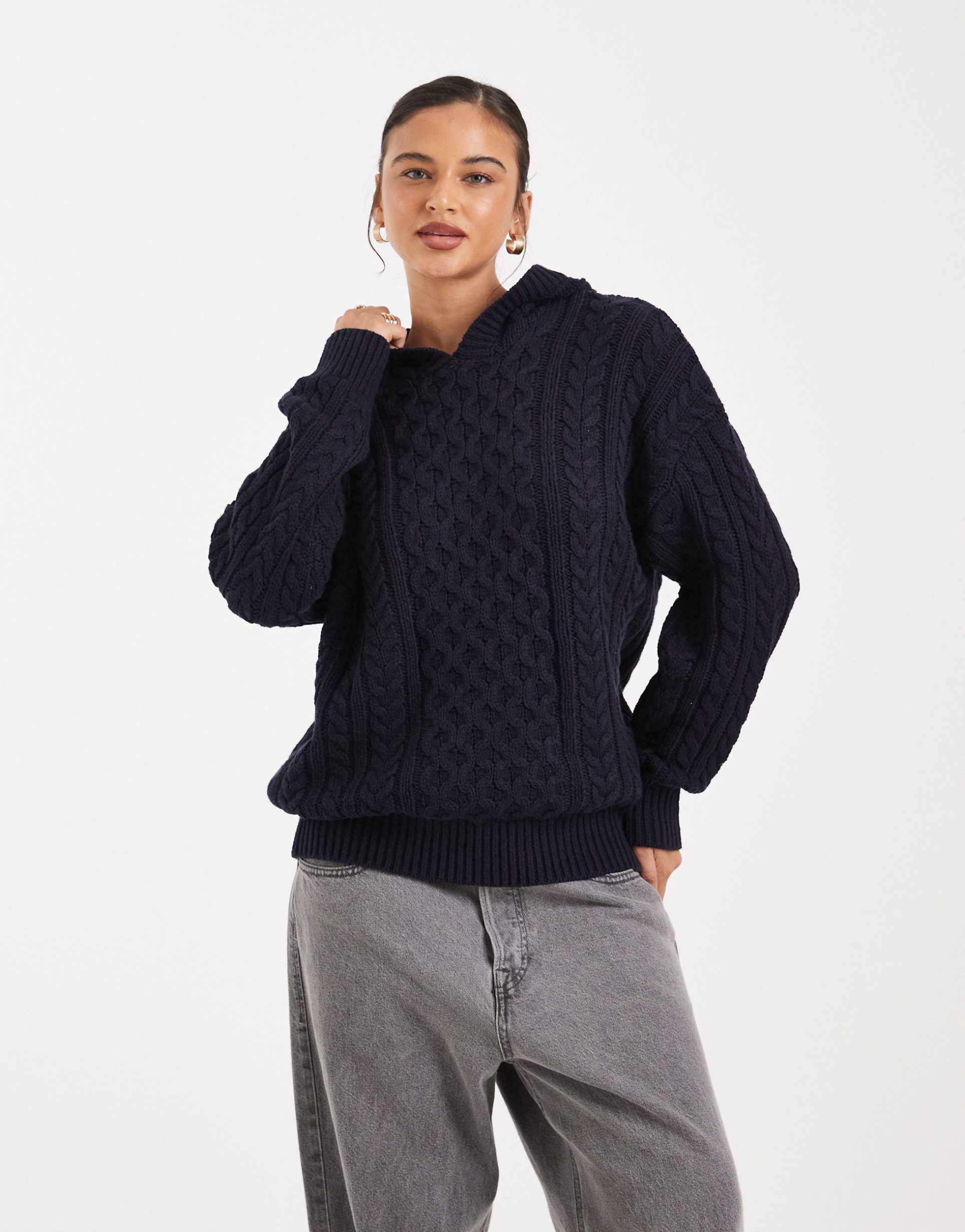 cotton on cable knit sweater in oxford blue