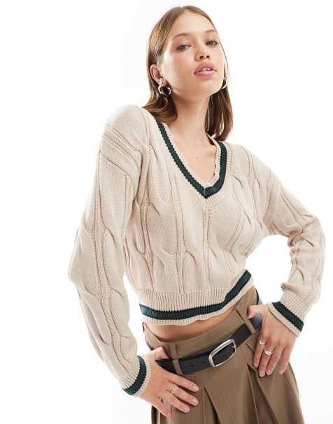 Cotton On cable knit v neck sweater in stone - view 1