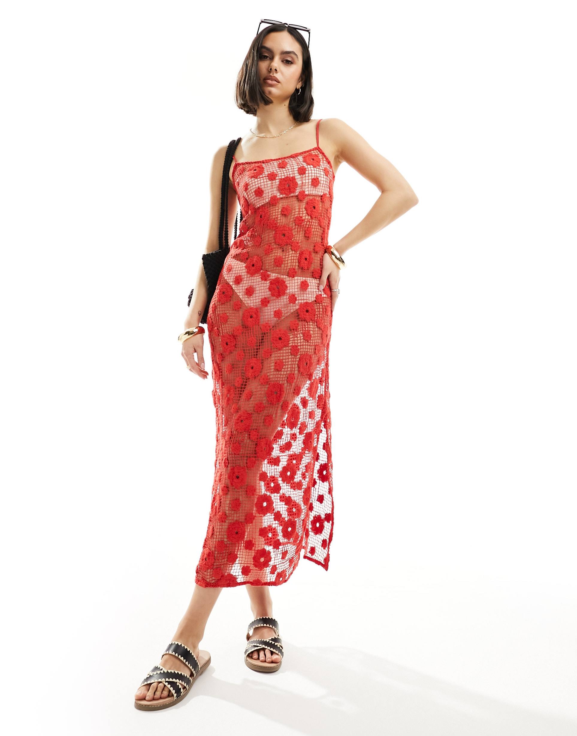 cotton on cami maxi dress in summer red crochet