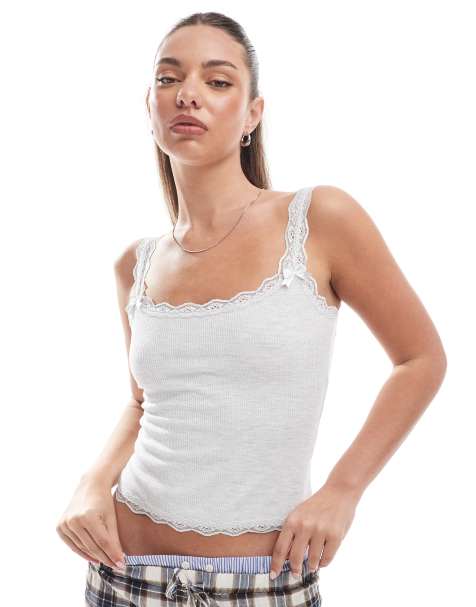 Cotton On - Cami top met kanten randje in gemêleerd grijs - view 1