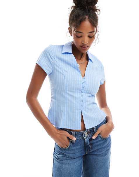 Cotton On - Camicia a maniche corte aderente blu a righe - view 1