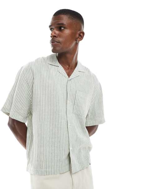 Cotton On - Camicia a maniche corte squadrata in lino color schiuma marina a righe - view 1