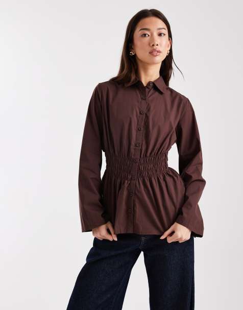 Cotton On - Camicia a maniche lunghe raccolta color rovere scuro - view 1