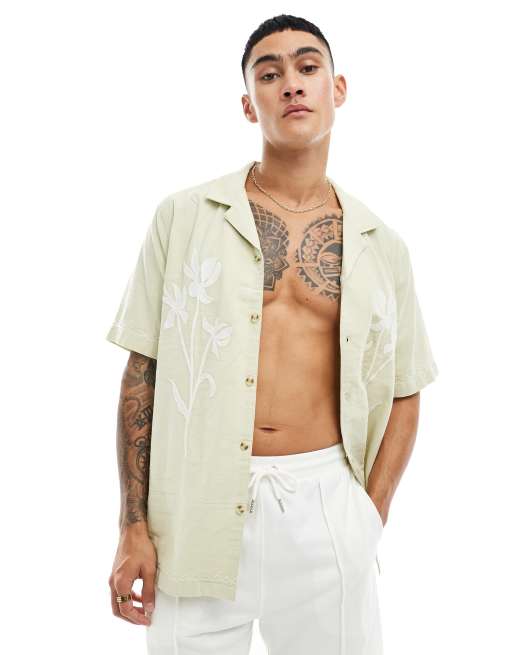 Cotton On - Camicia comoda in misto lino con ricamo floreale 