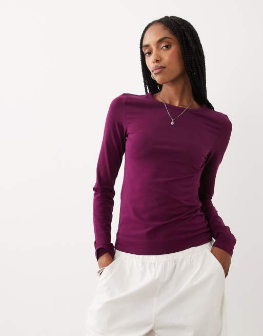 Cotton On - camiseta de manga larga larga con cuello redondo en ciruela intensa, 2 de 4