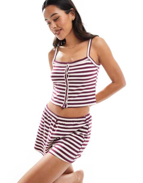 Cotton On - Canottiera con bottoni in jersey manopesca a righe rovere scuro in coordinato - view 1
