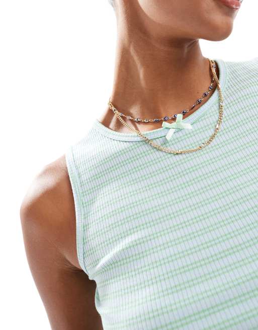 Cotton On - Canottiera del pigiama verde e blu a righe a coste con volant in coordinato, 2 di 4