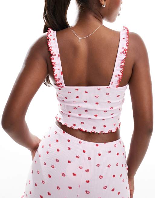 Cotton On - Canottiera rosa a coste con stampa a cuori e volant in coordinato, 2 di 4