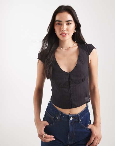 Cotton On cap sleeve button through shirt in black - view 1