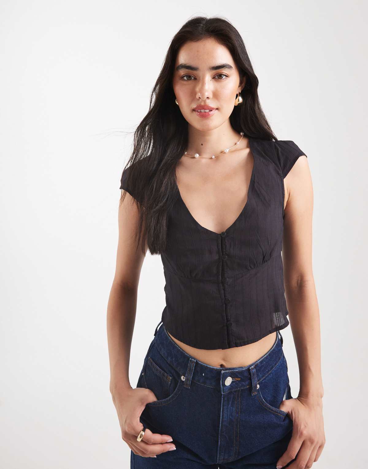 Cotton On cap sleeve button through shirt in black