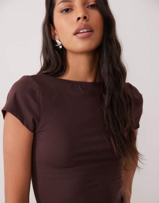 Cotton On cap sleeve low back boat neck tee in dark oat , 2 of 4