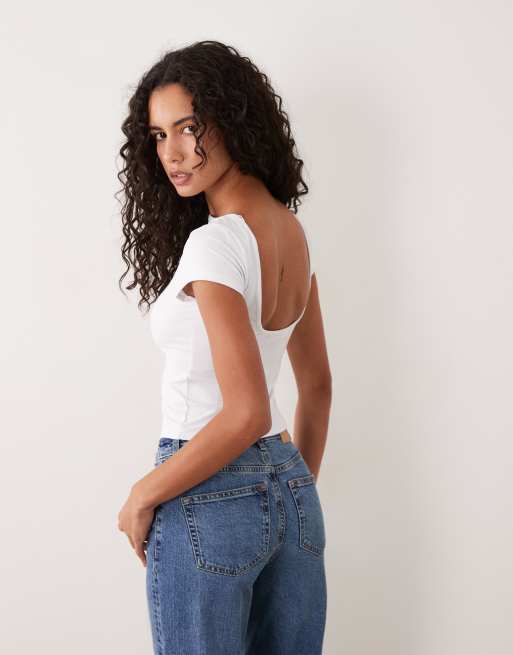 Cotton On cap sleeve low back boat neck tee in white, 4 of 4