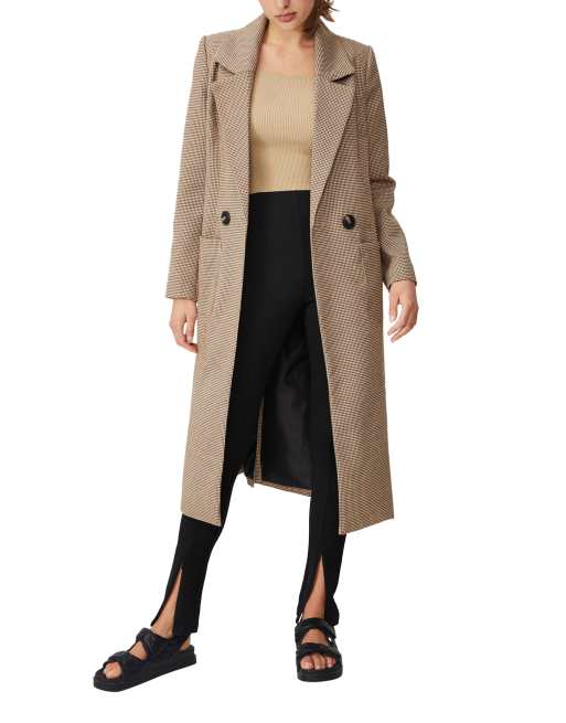 Cotton On - Cappotto taglio lungo color talpa con motivo pied de poule e tasche 