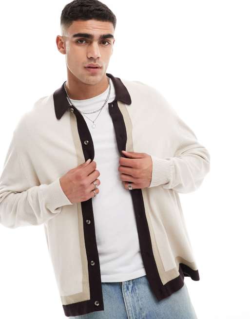 Cotton On - Cardigan in maglia a righe neutre con colletto e bottoni, 3 di 4