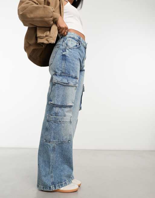 Cotton On – Cargo-Jeans in verwaschenem Vintage-Blau mit weitem Bein 