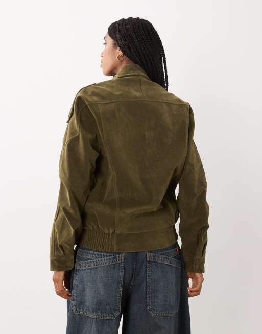 Cotton On - cazadora biker de ante sintético en verde oliva oscuro, 4 de 4