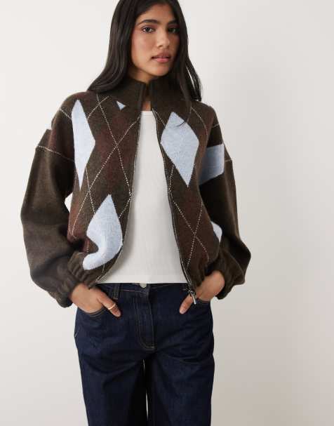 Cotton On - Chaqueta bomber marrón chocolate, azul y rojo con estampado de rombos de punto - view 1
