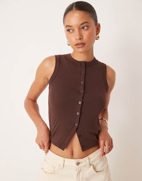 Cotton On - Charlie - Tanktop met knoopsluiting aan de voorkant in bruin - view 1