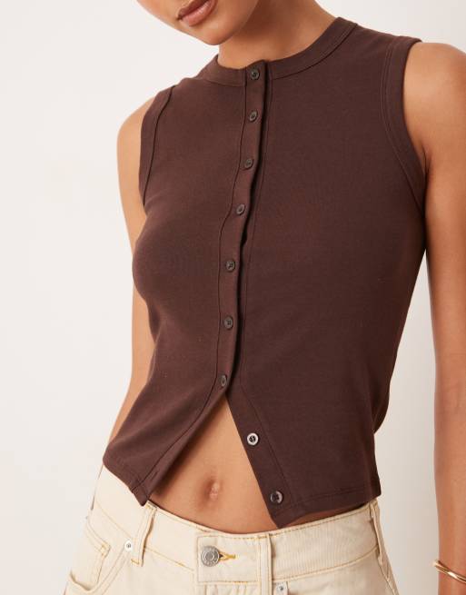 Cotton On - Charlie - Top senza maniche marrone con bottoni sul davanti, 3 di 4