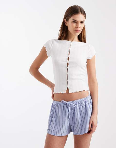 Cotton On – Chokladbruna och plommonlila, randiga flanellshorts i girlfriend-modell - view 1