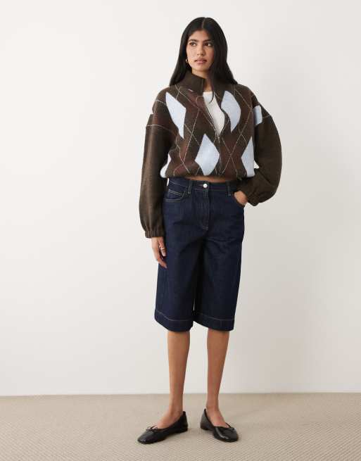 Cotton On - Chokoladebrun, blå og rød strikket bomber-jakke med argyle-tern, 3 af 4