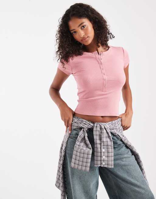 Cotton On - Christy - Henley-T-shirt in vintage roze