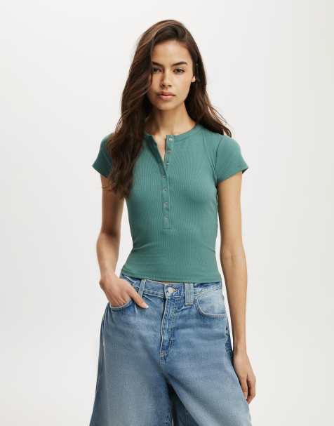 Cotton On Christy henley tee in green  - LGREEN - view 1