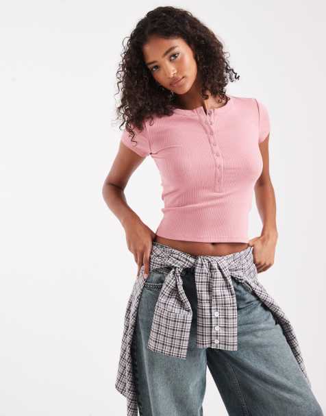 Cotton On - Christy - Vintage-rosa T-shirt med henley-detaljer - view 1