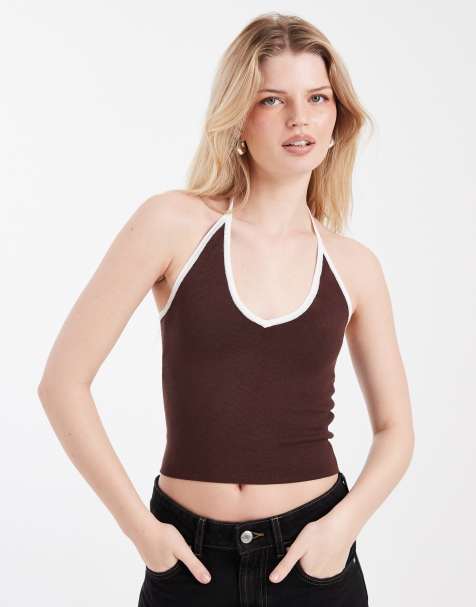 Cotton On – Ciemnobrązowy dzianinowy sweter z dekoltem halter i kontrastową lamówką - view 1